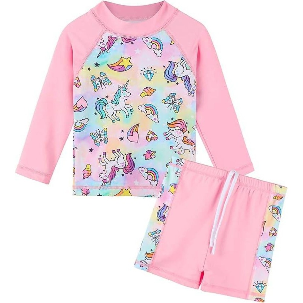 Kids Girls Pink Unicorn Rainbow Rash Guard Swimsuit Set 12M UPF 50+